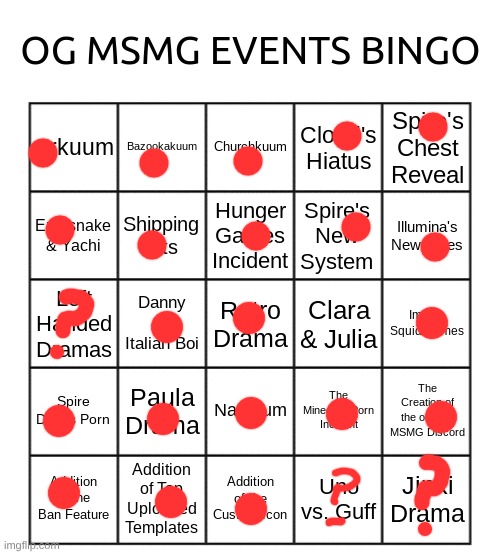 I swear I forgot what the jinki one was abt | image tagged in og msmg events bingo | made w/ Imgflip meme maker