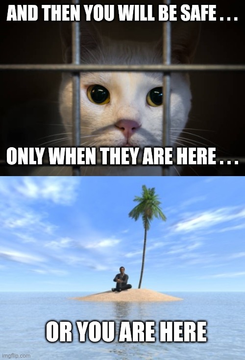 AND THEN YOU WILL BE SAFE . . . ONLY WHEN THEY ARE HERE . . . OR YOU ARE HERE | image tagged in cat behind bars,desert island | made w/ Imgflip meme maker