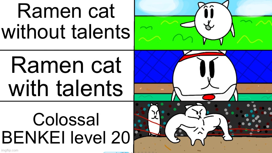 Battle Cats Weak To Strong | Ramen cat without talents; Ramen cat with talents; Colossal BENKEI level 20 | image tagged in battle cats weak to strong | made w/ Imgflip meme maker