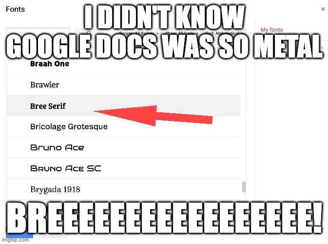 Bree Serif | I DIDN'T KNOW GOOGLE DOCS WAS SO METAL; BREEEEEEEEEEEEEEEEE! | image tagged in funny,memes,google docs metal,metal,deathcore | made w/ Imgflip meme maker