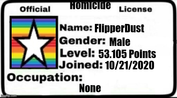 official license | Homicide FlipperDust Male 53.105 Points 10/21/2020 None | image tagged in official license | made w/ Imgflip meme maker