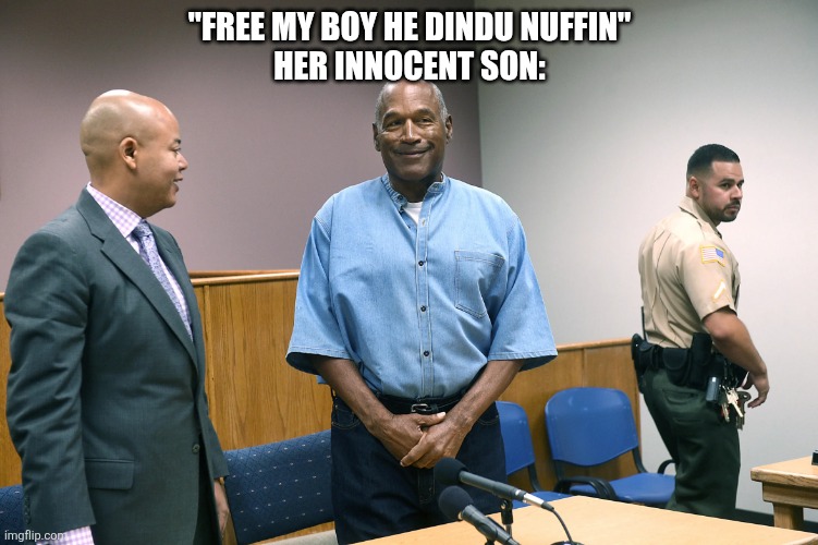 OJ SIMPSON | "FREE MY BOY HE DINDU NUFFIN"
HER INNOCENT SON: | image tagged in oj simpson | made w/ Imgflip meme maker