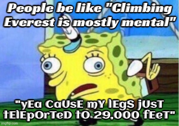People be like "Climbing Everest is mostly mental" | People be like "Climbing Everest is mostly mental"; "yEa CaUsE mY lEgS jUsT tElEpOrTeD tO 29,000 fEeT" | image tagged in memes,mocking spongebob,mount everest,real life,life lessons,mental | made w/ Imgflip meme maker