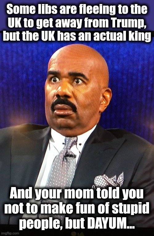 "No kings"?! | Some libs are fleeing to the
UK to get away from Trump, but the UK has an actual king; And your mom told you
not to make fun of stupid
people, but DAYUM... | image tagged in steve harvey wtf face,memes,democrats,no kings,united kingdom,trump derangement syndrome | made w/ Imgflip meme maker