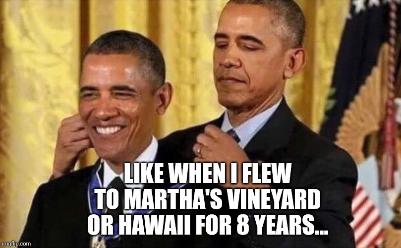 obama medal | LIKE WHEN I FLEW
 TO MARTHA'S VINEYARD 
OR HAWAII FOR 8 YEARS... | image tagged in obama medal | made w/ Imgflip meme maker