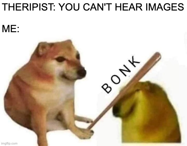 Bonk | THERIPIST: YOU CAN'T HEAR IMAGES
 
ME: | image tagged in doge bonk,you can't hear images,doge | made w/ Imgflip meme maker