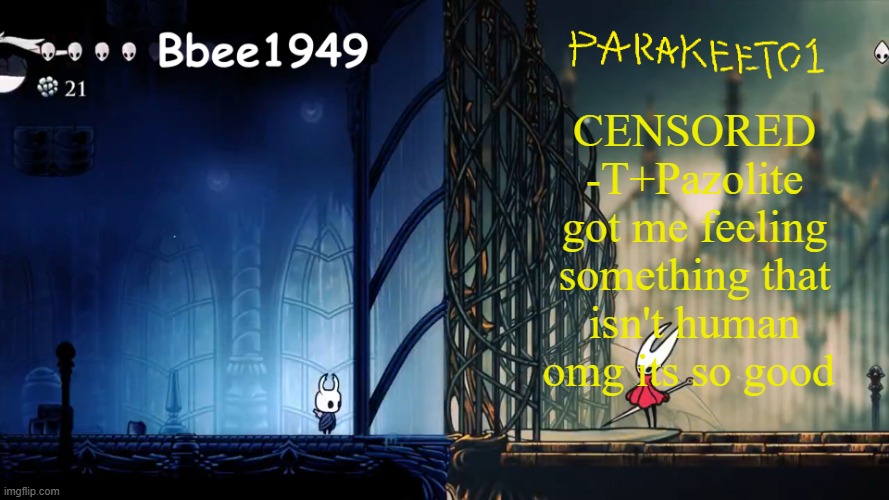 got my password back hats up everybody | CENSORED -T+Pazolite got me feeling something that isn't human omg its so good | image tagged in parakeet and bbee shared template | made w/ Imgflip meme maker