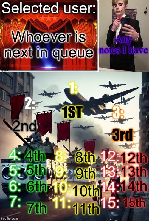 Still need like 6 to enroll | Whoever is next in queue; Any notes I have; 1ST; 2nd; 3rd; 4th; 8th; 12th; 5th; 9th; 13th; 6th; 14th; 10th; 7th; 15th; 11th | image tagged in blind voting by virian | made w/ Imgflip meme maker