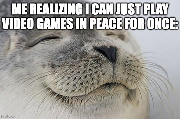 Satisfied Seal Meme | ME REALIZING I CAN JUST PLAY VIDEO GAMES IN PEACE FOR ONCE: | image tagged in memes,satisfied seal | made w/ Imgflip meme maker