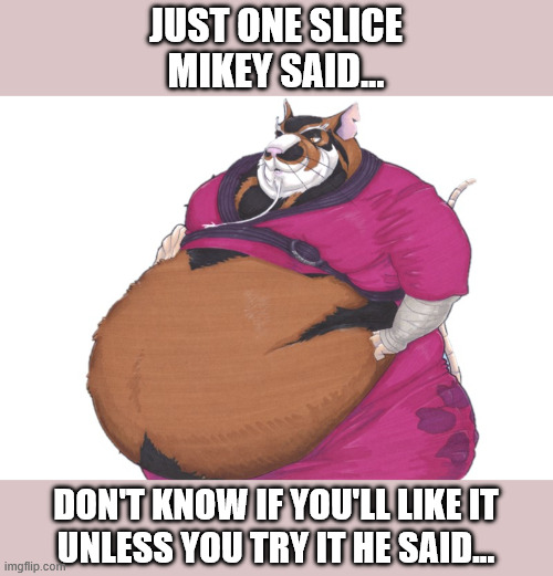 Master Splinter has had one too many pizzas | JUST ONE SLICE
MIKEY SAID... DON'T KNOW IF YOU'LL LIKE IT
UNLESS YOU TRY IT HE SAID... | image tagged in fat splinter | made w/ Imgflip meme maker