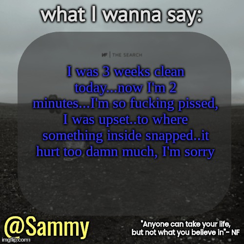 NF temp (TYSM immadoxxyou) | I was 3 weeks clean today...now I'm 2 minutes...I'm so fucking pissed, I was upset..to where something inside snapped..it hurt too damn much, I'm sorry | image tagged in nf temp tysm immadoxxyou | made w/ Imgflip meme maker