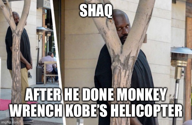 Shaq hiding | SHAQ; AFTER HE DONE MONKEY WRENCH KOBE’S HELICOPTER | image tagged in shaq hiding | made w/ Imgflip meme maker