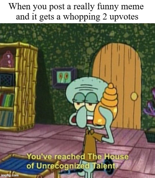 This will probably bomb as well | When you post a really funny meme 
and it gets a whopping 2 upvotes | image tagged in you've reached the house of unrecognized talent,memes,making memes,relatable | made w/ Imgflip meme maker