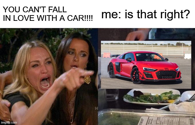 The Audi R8 GT RWD is mad underrated for some reason | YOU CAN'T FALL IN LOVE WITH A CAR!!!! me: is that right? | image tagged in memes,woman yelling at cat,car guy memes,audi,car memes | made w/ Imgflip meme maker