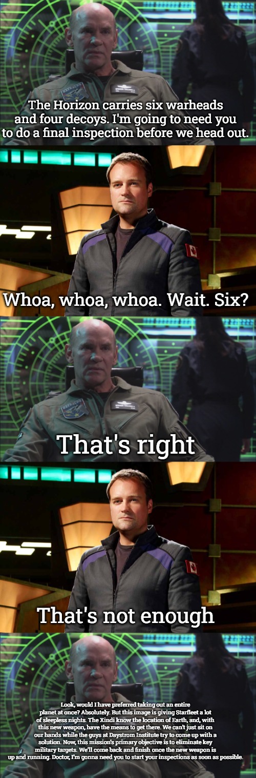 Stargate Starfleet | The Horizon carries six warheads and four decoys. I'm going to need you to do a final inspection before we head out. Whoa, whoa, whoa. Wait. Six? That's right; That's not enough; Look, would I have preferred taking out an entire planet at once? Absolutely. But this image is giving Starfleet a lot of sleepless nights. The Xindi know the location of Earth, and, with this new weapon, have the means to get there. We can't just sit on our hands while the guys at Daystrom Institute try to come up with a solution. Now, this mission's primary objective is to eliminate key military targets. We'll come back and finish once the new weapon is up and running. Doctor, I'm gonna need you to start your inspections as soon as possible. | image tagged in rodney mckay,slavic | made w/ Imgflip meme maker