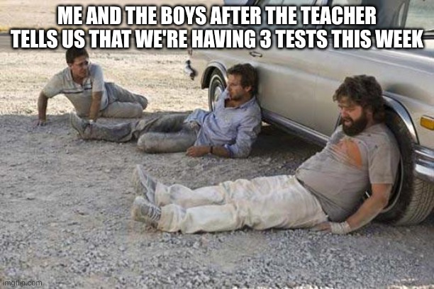 hangover | ME AND THE BOYS AFTER THE TEACHER TELLS US THAT WE'RE HAVING 3 TESTS THIS WEEK | image tagged in hangover | made w/ Imgflip meme maker