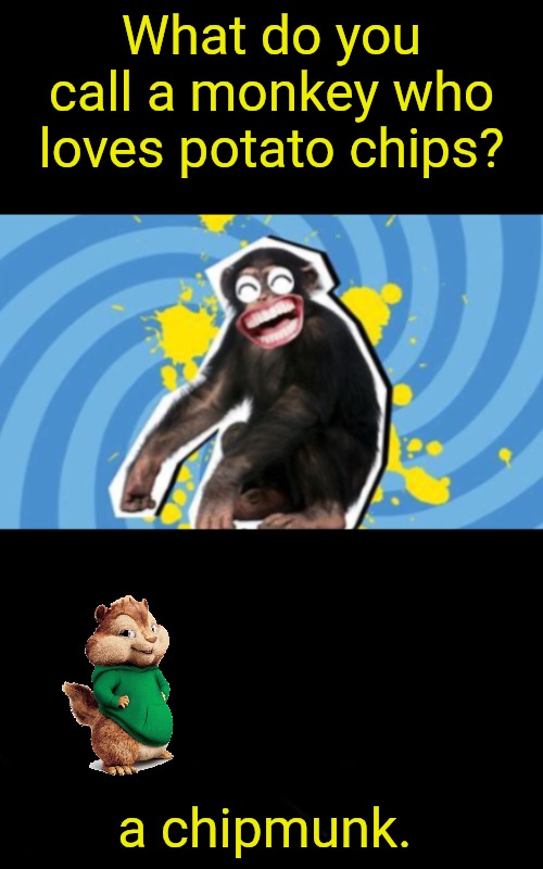 Anyone want a peanut? | What do you call a monkey who loves potato chips? a chipmunk. | image tagged in monkey joke,weird stupid jokes | made w/ Imgflip meme maker