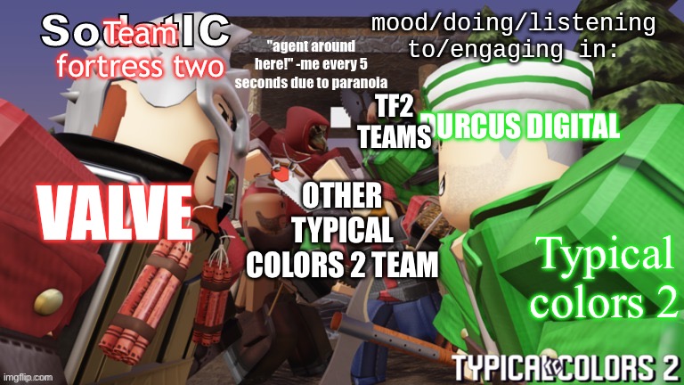 soda's goofy ass tc2 temp | Team fortress two; TF2 TEAMS; DURCUS DIGITAL; OTHER TYPICAL COLORS 2 TEAM; VALVE; Typical colors 2 | image tagged in soda's goofy ass tc2 temp | made w/ Imgflip meme maker