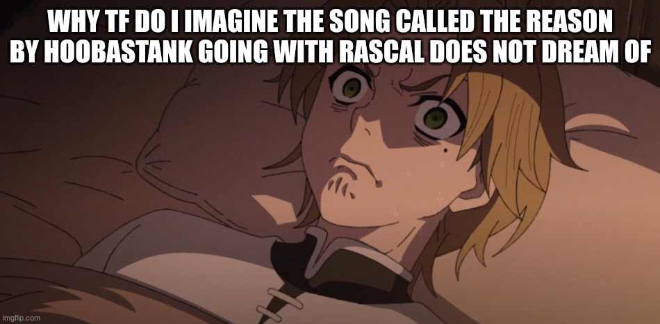 Wtf do I keep thinking about stuff like this | WHY TF DO I IMAGINE THE SONG CALLED THE REASON BY HOOBASTANK GOING WITH RASCAL DOES NOT DREAM OF | image tagged in how | made w/ Imgflip meme maker