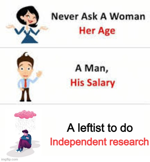 To leftists switching between CNN and MSNBC propagandists IS 'independent research'. | A leftist to do; Independent research | image tagged in never ask a woman her age | made w/ Imgflip meme maker