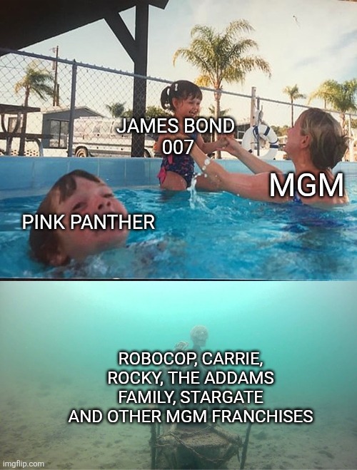 Mother Ignoring Kid Drowning In A Pool | JAMES BOND 
007; MGM; PINK PANTHER; ROBOCOP, CARRIE, ROCKY, THE ADDAMS FAMILY, STARGATE AND OTHER MGM FRANCHISES | image tagged in mother ignoring kid drowning in a pool,mgm,metro goldwyn mayer,james bond,pink panther,amazon | made w/ Imgflip meme maker