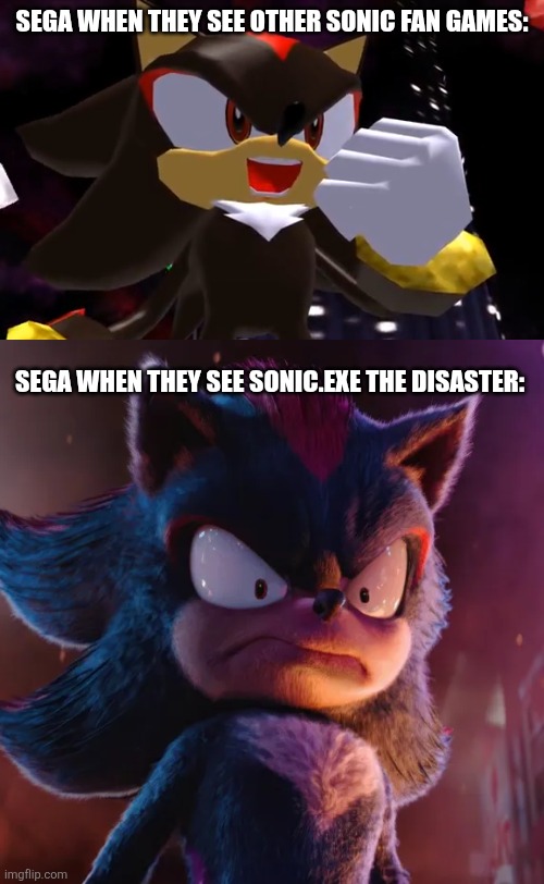 Sega is a weird bunch | SEGA WHEN THEY SEE OTHER SONIC FAN GAMES:; SEGA WHEN THEY SEE SONIC.EXE THE DISASTER: | image tagged in ow the edge lmao,shadow the hedgehog,sega,sonic exe | made w/ Imgflip meme maker