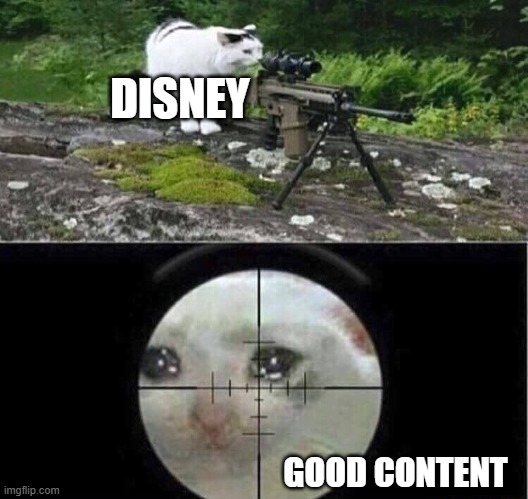 another social crictism | DISNEY; GOOD CONTENT | image tagged in sniper cat,disney,worst | made w/ Imgflip meme maker