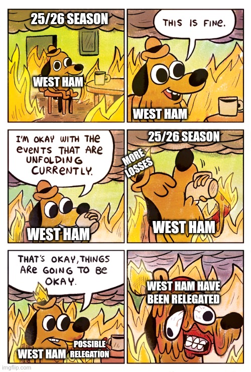 West Ham 25/26 Season Be Like: | 25/26 SEASON; WEST HAM; WEST HAM; 25/26 SEASON; MORE LOSSES; WEST HAM; WEST HAM; WEST HAM HAVE BEEN RELEGATED; WEST HAM; POSSIBLE RELEGATION | image tagged in memes,football | made w/ Imgflip meme maker
