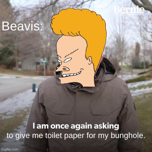Beavis asking For Toilet  Paper For His BungHole | Beavis:; to give me toilet paper for my bunghole. | image tagged in bernie i am once again asking for your support,beavis and butthead,goofy memes,beavis cornholio | made w/ Imgflip meme maker