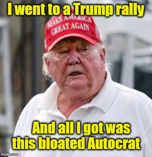 tRump Rally Rewards | I went to a Trump rally; And all I got was this bloated Autocrat | image tagged in donald trump,donald trump the clown,trump is a moron,maga,dictator,fascists | made w/ Imgflip meme maker