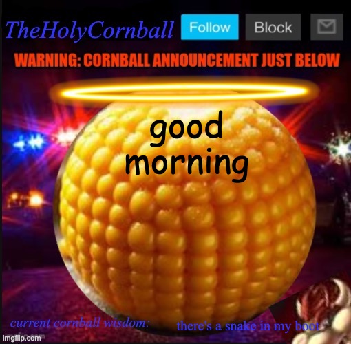 TheHolyCornball Announcement | good morning; there's a snake in my boot | image tagged in theholycornball announcement | made w/ Imgflip meme maker