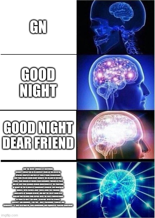 Expanding Brain | GN; GOOD NIGHT; GOOD NIGHT DEAR FRIEND; MAY THE VELVET EMBRACE OF NOCTURNAL SERENITY ENFOLD YOU IN ITS GENTLEST FOLDS AS THE CELESTIAL SPHERES COMPLETE ANOTHER OF THEIR ETERNAL REVOLUTIONS; MAY YOUR EYELIDS GROW HEAVY BENEATH THE LULLABY OF DISTANT STARS, YOUR DREAMS BE WOVEN FROM GOSSAMER THREADS OF PEACE AND JOY, AND YOUR SLUMBER REMAIN UNDISTURBED BY THE PHANTOMS OF WORRY OR THE CLAMOR OF TOMORROW’S BURDENS. MAY MORPHEUS HIMSELF, WITH FEATHER-LIGHT TOUCH, GUIDE YOU THROUGH LANDSCAPES OF TRANQUIL REVERIE, AND MAY THE SILENT MOON KEEP VIGILANT WATCH OVER YOUR REPOSE UNTIL THE ROSY-FINGERED DAWN RETURNS TO GREET YOU ANEW. THEREFORE, WITH THE UTMOST SINCERITY AND GOODWILL, I BID YOU—MOST PROFOUNDLY, TENDERLY, AND REVERENTLY—A TRULY RESTORATIVE, SOUL-NOURISHING, AND EXQUISITELY PEACEFUL GOOD NIGHT | image tagged in memes,expanding brain | made w/ Imgflip meme maker