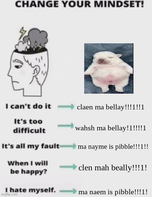 pibble | claen ma bellay!!!1!!1; wahsh ma bellay!1!!!!1; ma nayme is pibble!!!1!! clen mah beally!!!1! ma naem is pibble!!!1! | image tagged in change your mindset | made w/ Imgflip meme maker