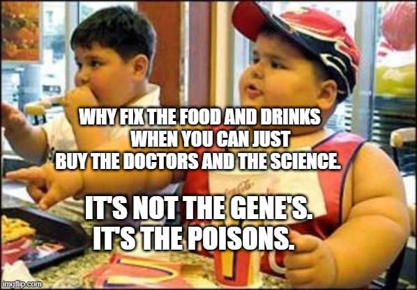 food! | WHY FIX THE FOOD AND DRINKS       WHEN YOU CAN JUST BUY THE DOCTORS AND THE SCIENCE. IT'S NOT THE GENE'S. IT'S THE POISONS. | image tagged in food | made w/ Imgflip meme maker