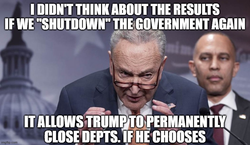 Schumer | I DIDN'T THINK ABOUT THE RESULTS IF WE "SHUTDOWN" THE GOVERNMENT AGAIN IT ALLOWS TRUMP TO PERMANENTLY CLOSE DEPTS. IF HE CHOOSES | image tagged in schumer | made w/ Imgflip meme maker