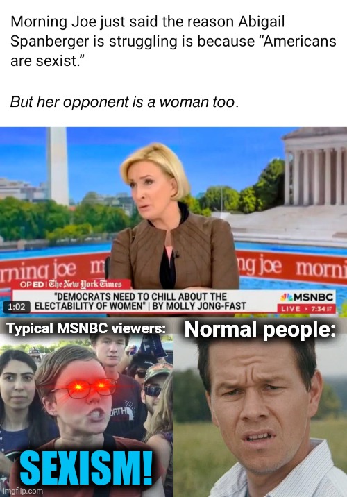 It all makes sense, if you have no sense | Normal people:; Typical MSNBC viewers:; SEXISM! | image tagged in triggered feminist,mark wahlberg confused,memes,democrats,msnbc,sexism | made w/ Imgflip meme maker