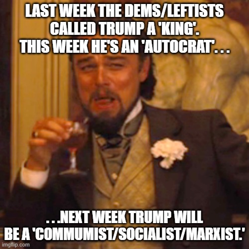 Bound to happen. . .yes, no, maybe? | LAST WEEK THE DEMS/LEFTISTS CALLED TRUMP A 'KING'. THIS WEEK HE'S AN 'AUTOCRAT'. . . . . .NEXT WEEK TRUMP WILL BE A 'COMMUMIST/SOCIALIST/MARXIST.' | image tagged in memes,laughing leo,stupid leftists,political meme,political humor | made w/ Imgflip meme maker