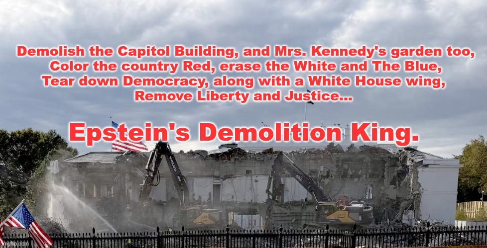 All Fail Epstein's Demolition King!
(Psalm 28:5 in 2025) | Demolish the Capitol Building, and Mrs. Kennedy's garden too,
Color the country Red, erase the White and The Blue,
Tear down Democracy, along with a White House wing, 
Remove Liberty and Justice... Epstein's Demolition King. | image tagged in prince | made w/ Imgflip meme maker