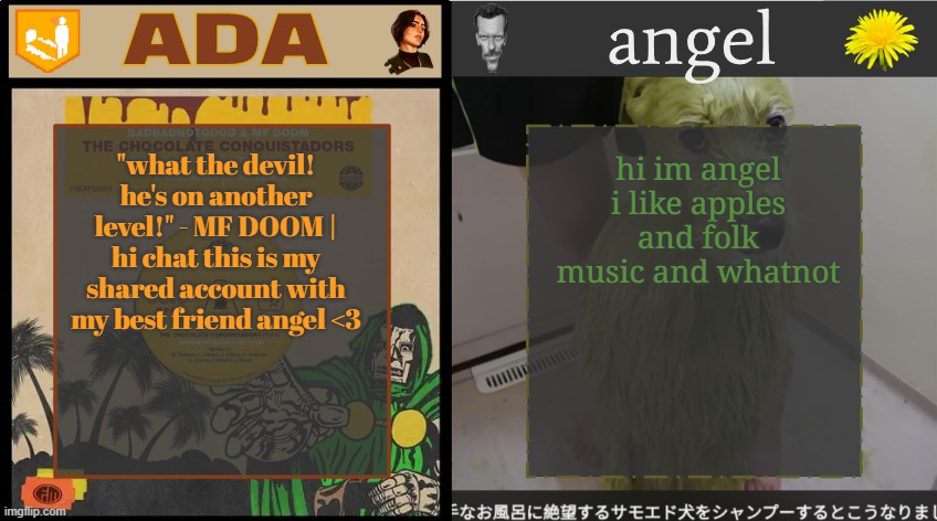 check comments. | "what the devil! he's on another level!" - MF DOOM | hi chat this is my shared account with my best friend angel <3; hi im angel i like apples and folk music and whatnot | image tagged in ada and angel announcement temp | made w/ Imgflip meme maker