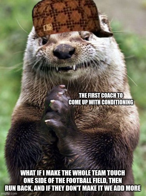 coaches hate us | THE FIRST COACH TO COME UP WITH CONDITIONING; WHAT IF I MAKE THE WHOLE TEAM TOUCH ONE SIDE OF THE FOOTBALL FIELD, THEN RUN BACK, AND IF THEY DON'T MAKE IT WE ADD MORE | image tagged in memes,evil otter | made w/ Imgflip meme maker