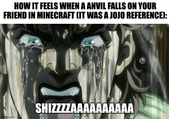 SHIZZZZZZAAAAAAAAAAAAAAAA | HOW IT FEELS WHEN A ANVIL FALLS ON YOUR FRIEND IN MINECRAFT (IT WAS A JOJO REFERENCE):; SHIZZZZAAAAAAAAAA | image tagged in shiza | made w/ Imgflip meme maker
