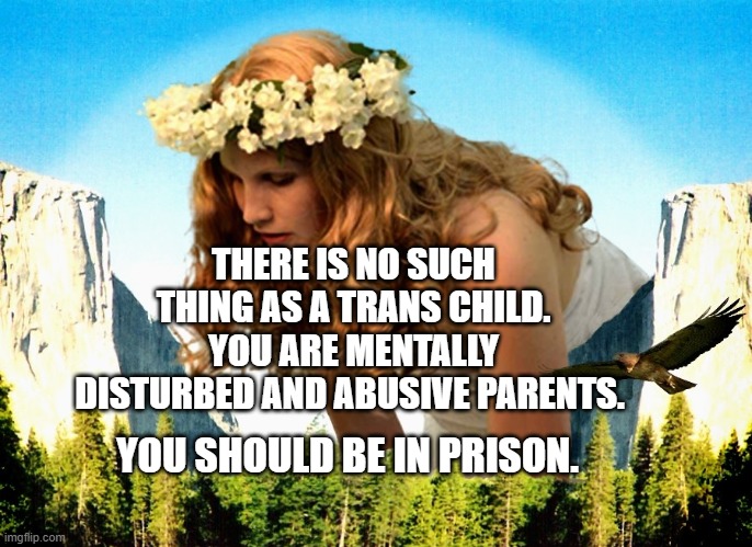 Mother Nature | THERE IS NO SUCH THING AS A TRANS CHILD. YOU ARE MENTALLY DISTURBED AND ABUSIVE PARENTS. YOU SHOULD BE IN PRISON. | image tagged in mother nature | made w/ Imgflip meme maker