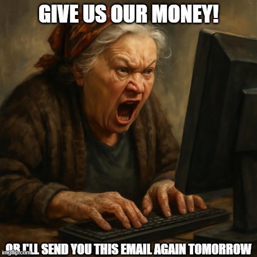 Old screamer | GIVE US OUR MONEY! OR I'LL SEND YOU THIS EMAIL AGAIN TOMORROW | image tagged in old screamer | made w/ Imgflip meme maker