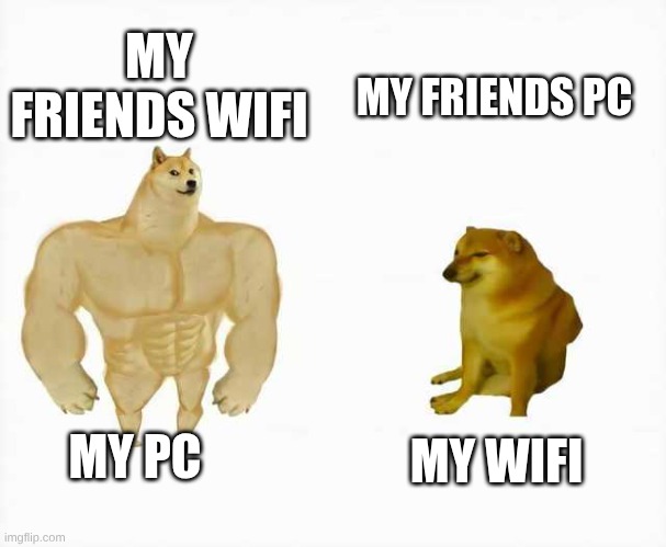 play together | MY FRIENDS WIFI; MY FRIENDS PC; MY PC; MY WIFI | image tagged in strong dog vs weak dog | made w/ Imgflip meme maker