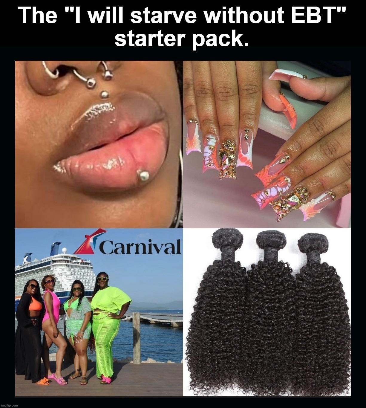 Introducing the "I will starve without EBT" starter pack. | image tagged in obesity,weight watchers,yo mamas so fat,yo mama,hotline bling,dark miss piggy | made w/ Imgflip meme maker