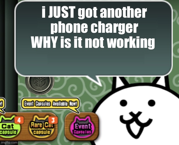 The basic cat says something | i JUST got another phone charger WHY is it not working | image tagged in the basic cat says something | made w/ Imgflip meme maker