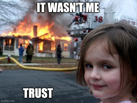 Disaster Girl Meme | IT WASN'T ME; TRUST | image tagged in memes,disaster girl | made w/ Imgflip meme maker