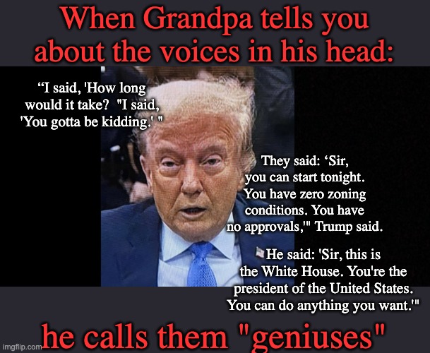 The White House should not be the ultimate participation trophy | When Grandpa tells you about the voices in his head:; “I said, 'How long would it take?  "I said, 'You gotta be kidding.' "; They said: ‘Sir, you can start tonight. You have zero zoning conditions. You have no approvals,'" Trump said. He said: 'Sir, this is the White House. You're the president of the United States. You can do anything you want.'"; he calls them "geniuses" | image tagged in trump looks like crap,senile,idiocracy,dementia,white house | made w/ Imgflip meme maker