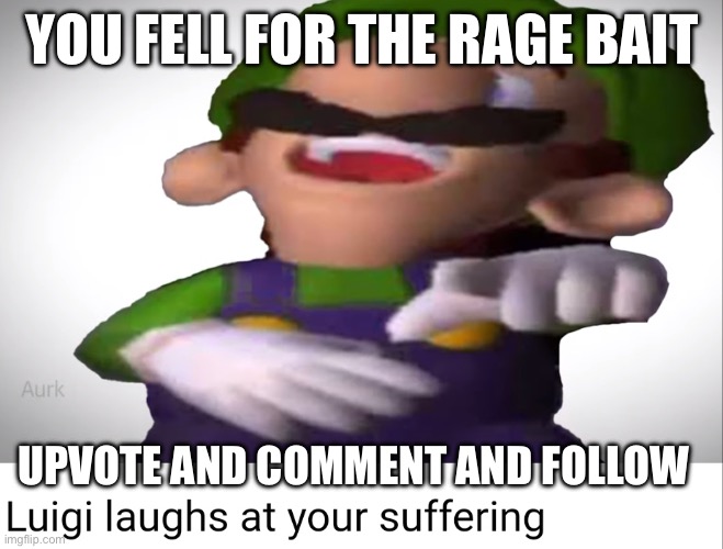 Luigi laughs at your suffering | YOU FELL FOR THE RAGE BAIT; UPVOTE AND COMMENT AND FOLLOW | image tagged in luigi laughs at your suffering | made w/ Imgflip meme maker