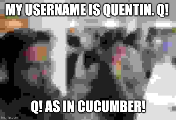 Q is for Cucumber, apparently | MY USERNAME IS QUENTIN. Q! Q! AS IN CUCUMBER! | image tagged in indian call center | made w/ Imgflip meme maker